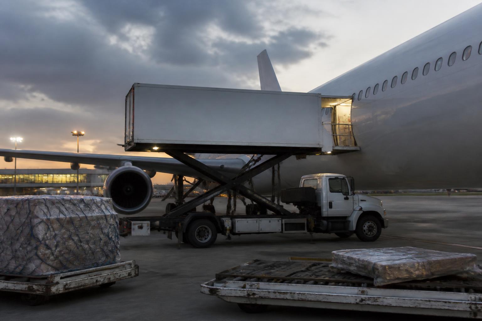 Catering-Hochhubfahrzeug an der Galley-Tür eines Flugzeugs