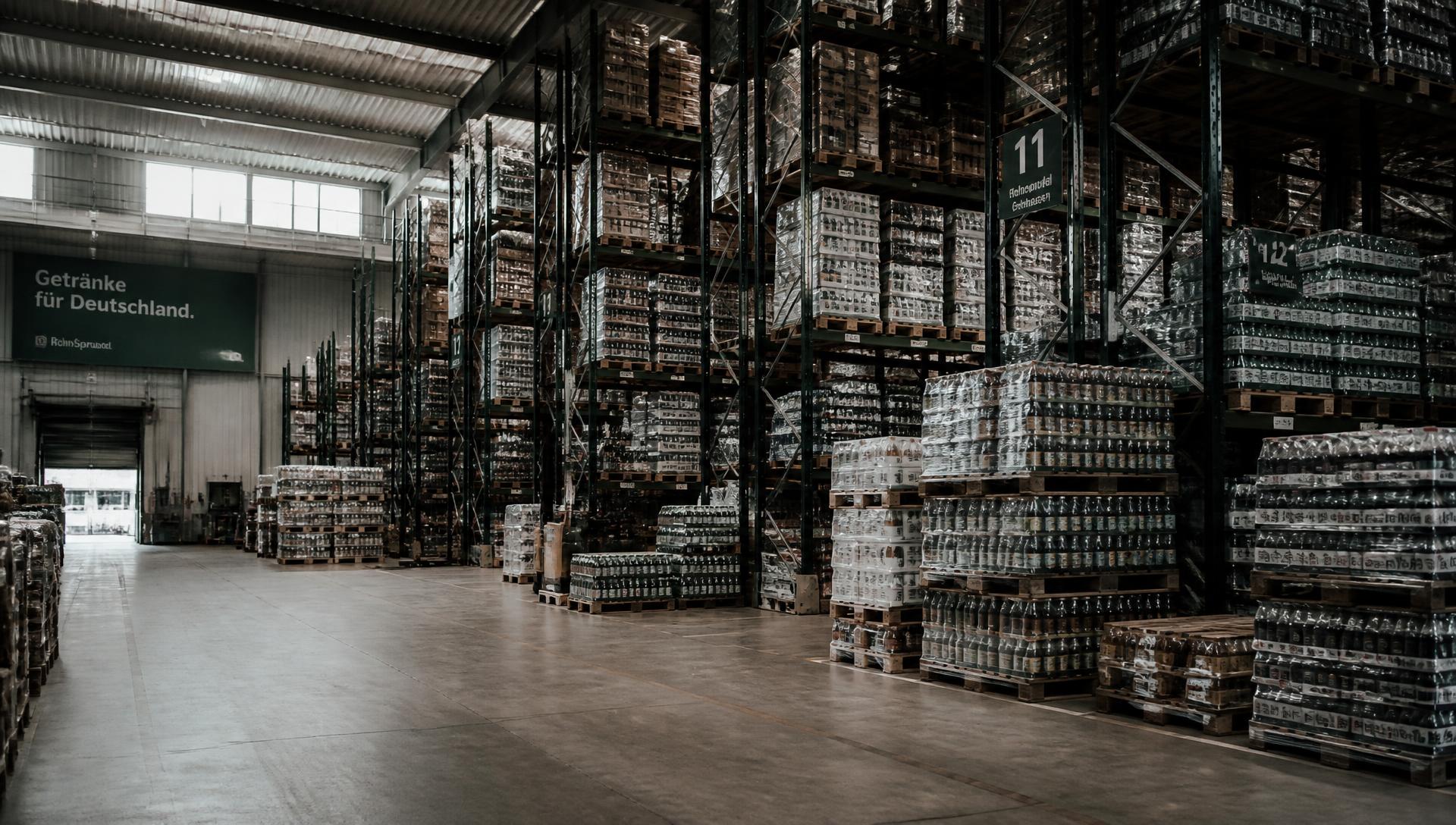 Distributionslager mit Paletten und Getränkeladungen
